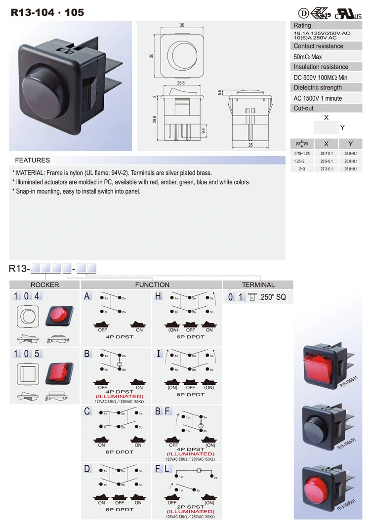 Neon Illuminated 2p-6p Rocker Switch